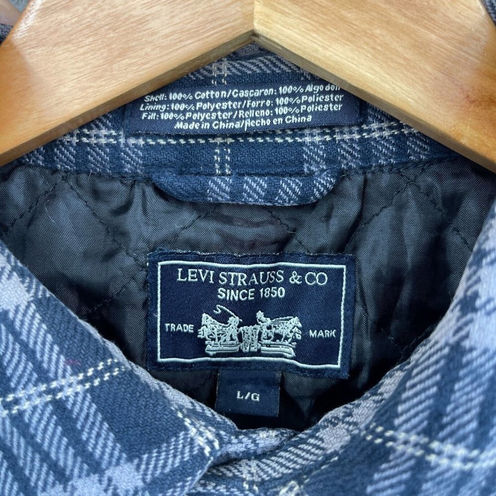 Levi's Blue Plaid Quilted Shacket Heavy Flannel Shirt Grunge Distressed - Picture 10 of 13